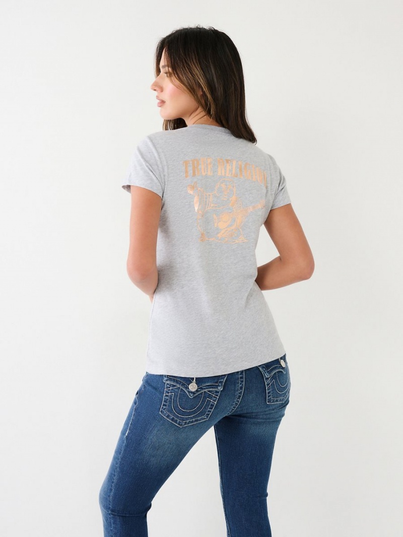 Heather Grey True Religion Metallic Buddha Logo V Neck T Shirts | 3219-FJPAV