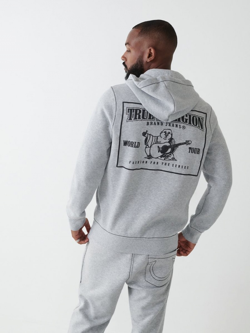 Heather Grey / Jet Black True Religion Big T Zip Hoodie | 2593-QNMXS