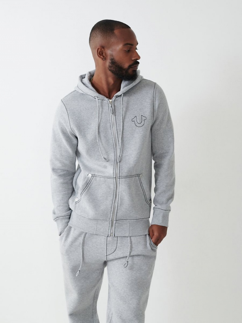 Heather Grey / Jet Black True Religion Big T Zip Hoodie | 2593-QNMXS