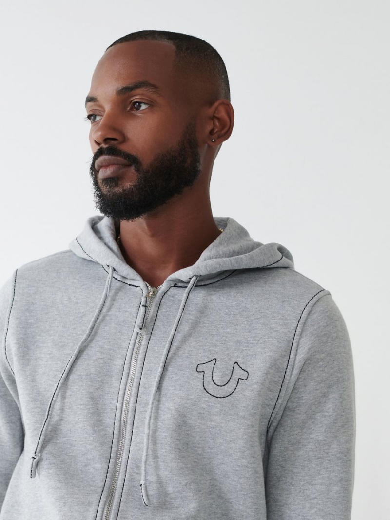 Heather Grey / Jet Black True Religion Big T Zip Hoodie | 9617-VQLCF