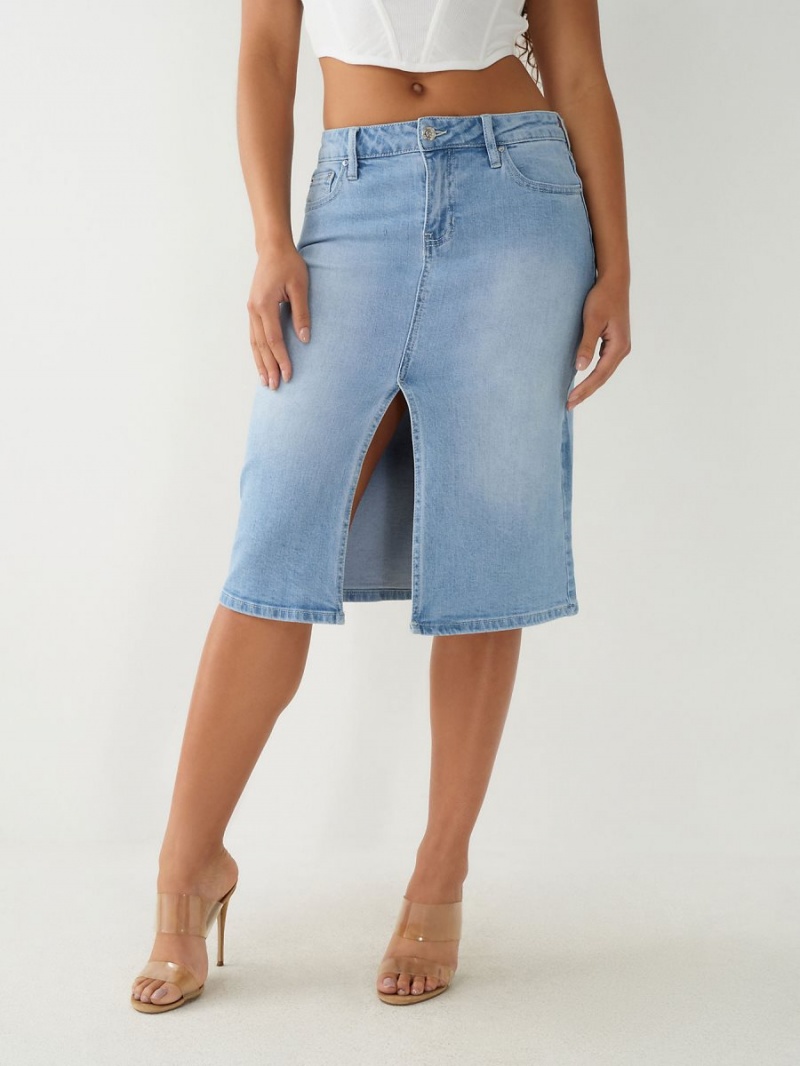 Light Blue Wash True Religion Midi Denim Skirts | 6038-HDGTR