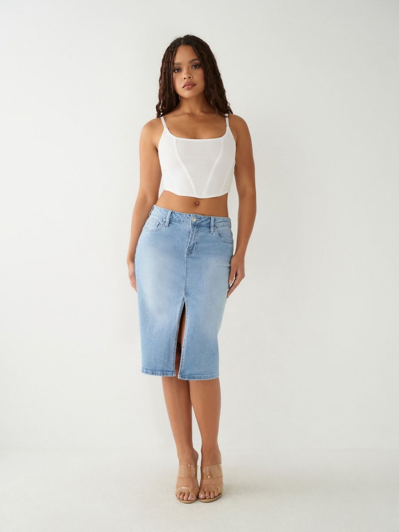 Light Blue Wash True Religion Midi Denim Skirts | 6038-HDGTR