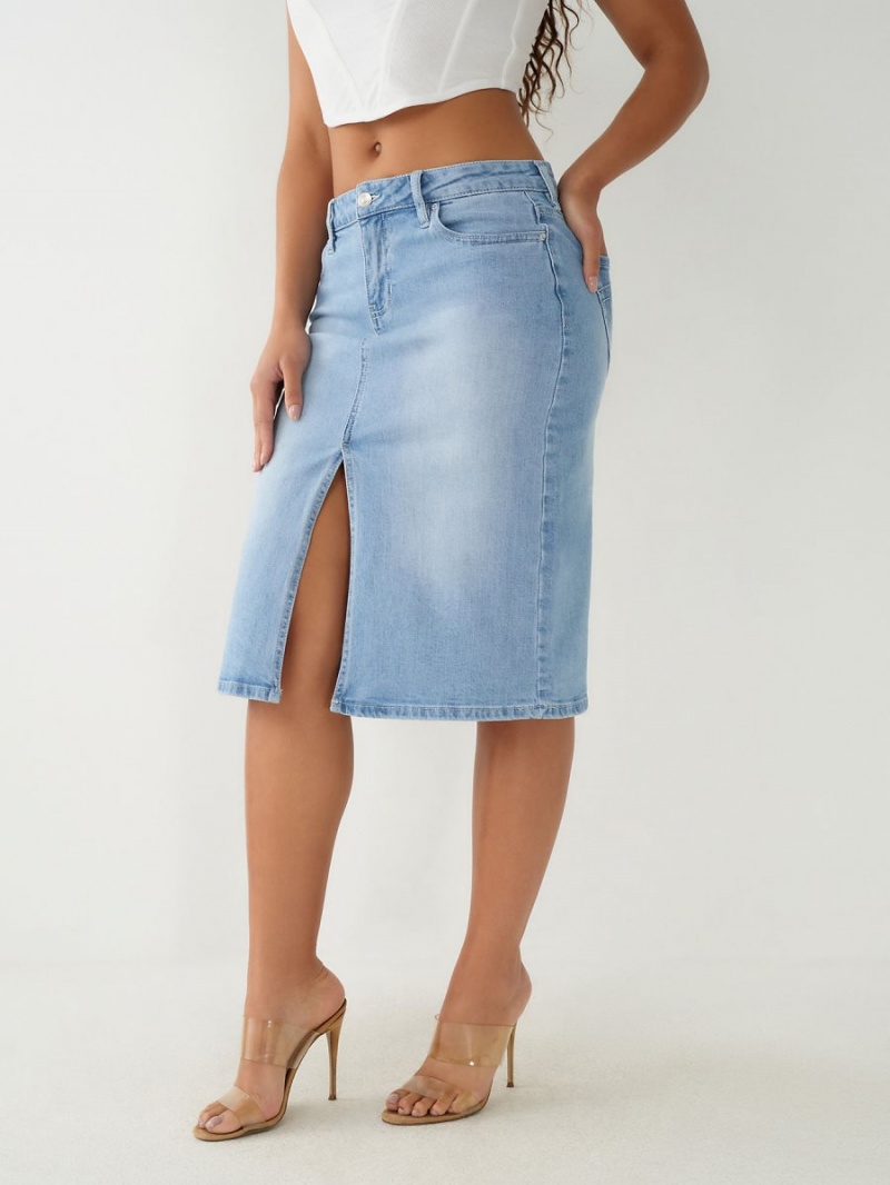 Light Blue Wash True Religion Midi Denim Skirts | 6038-HDGTR