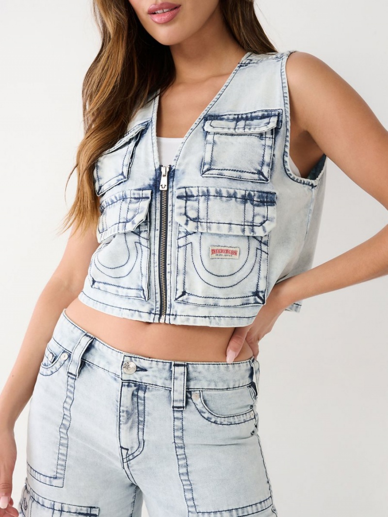 Light Wash True Religion Crop Denim Utility Vest | 8504-QWDFS