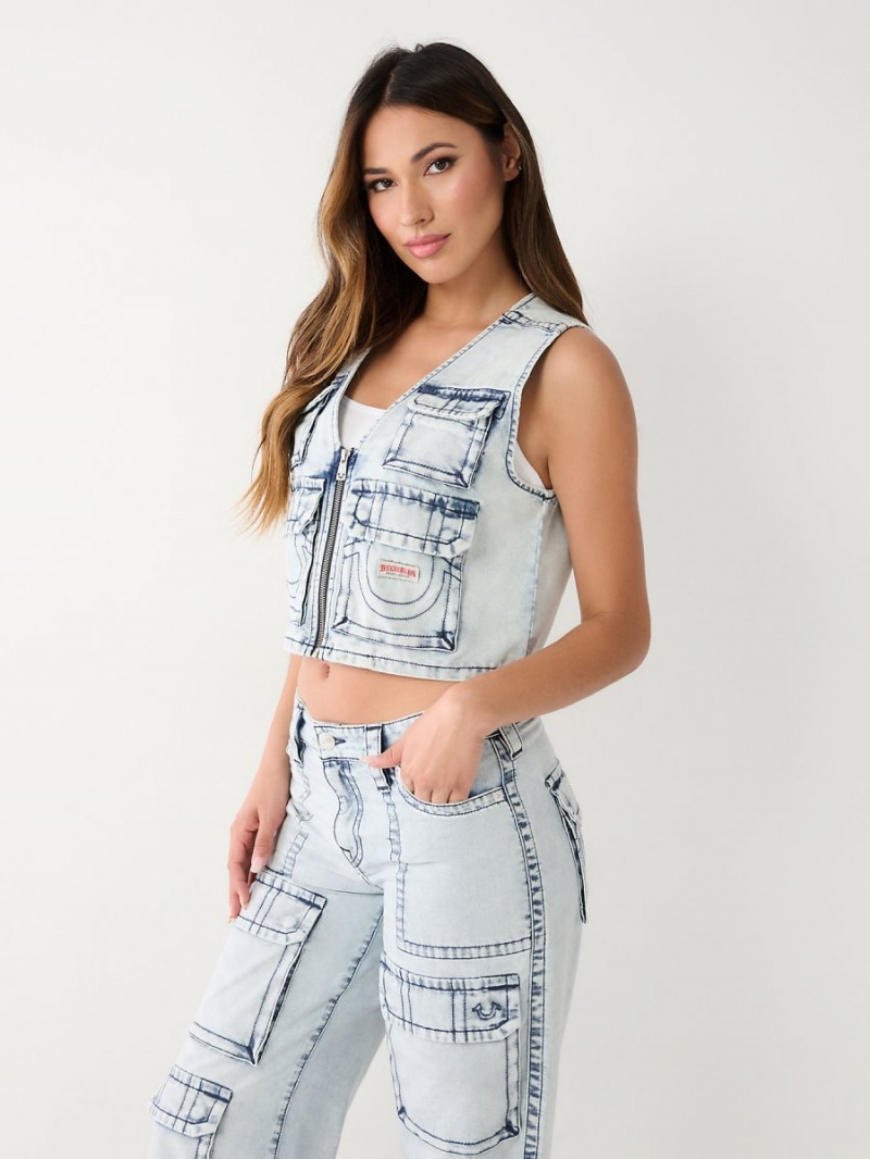 Light Wash True Religion Crop Denim Utility Vest | 8504-QWDFS