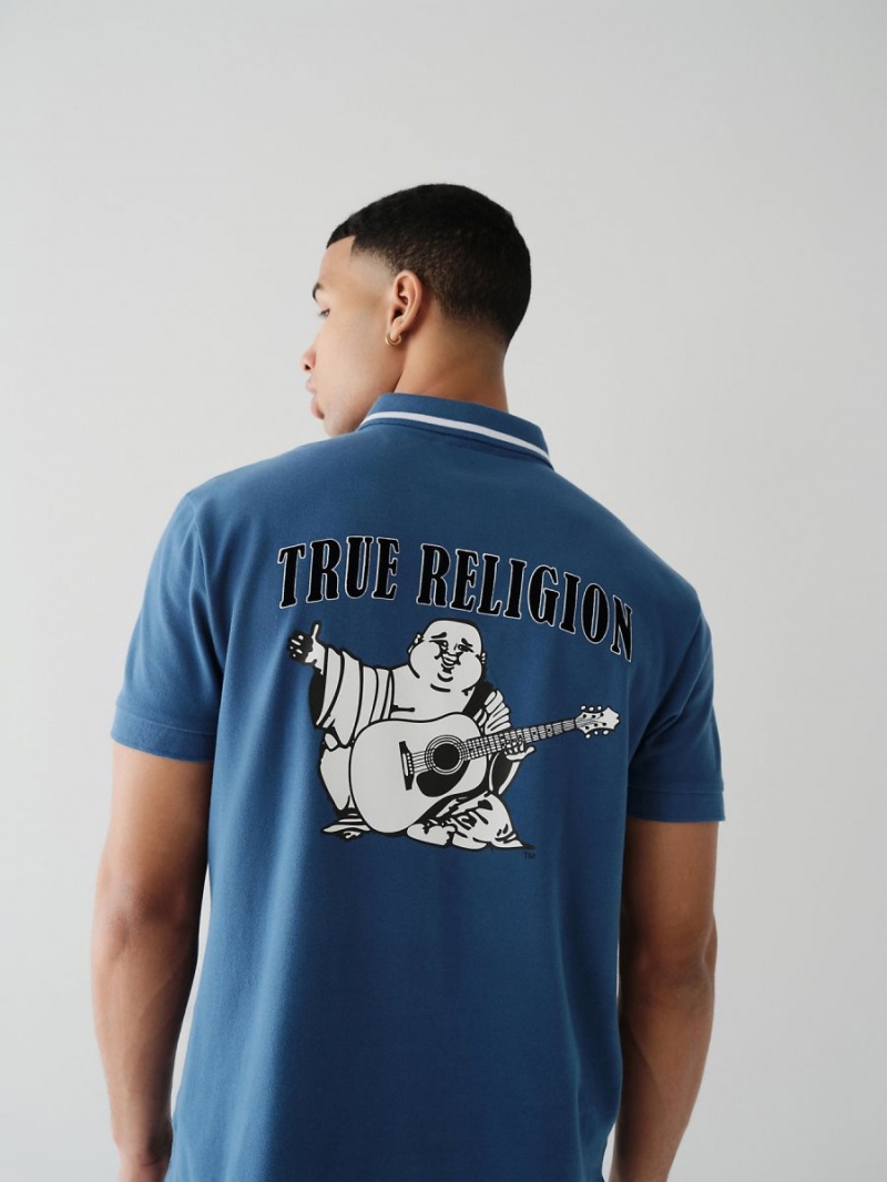 Matte Navy True Religion Logo Polo Shirts | 1654-PAKFI