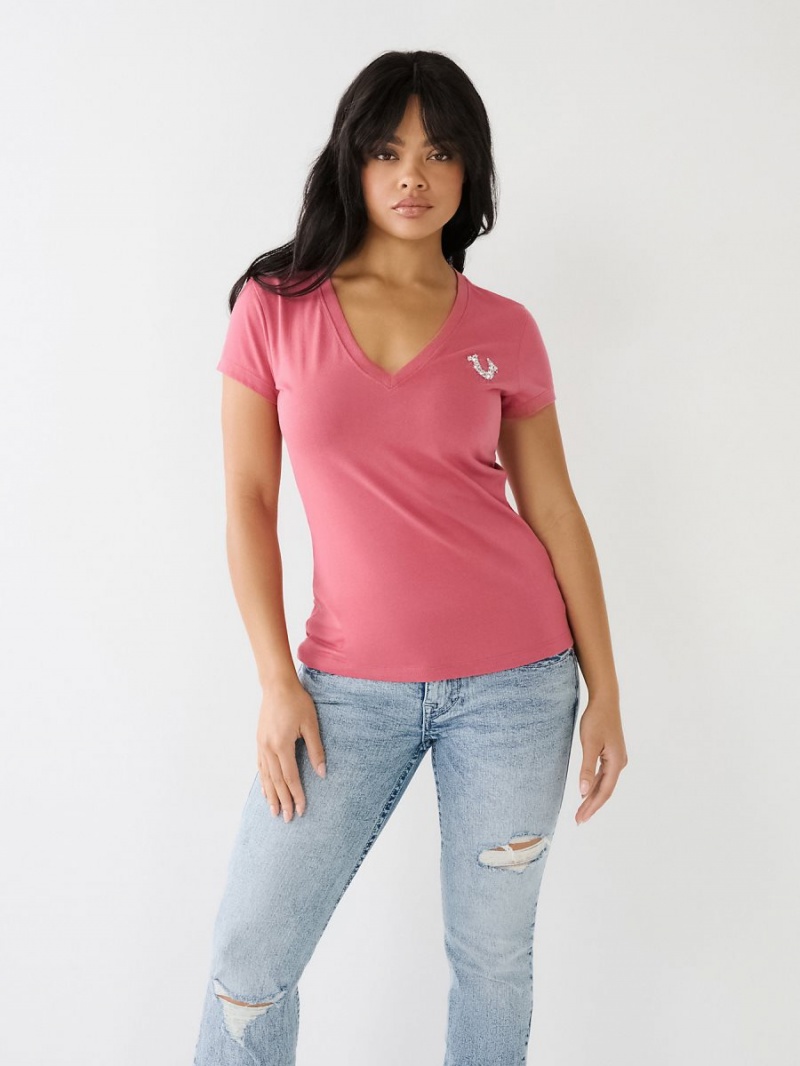 Mauvewood True Religion Crystal V Neck Logo T Shirts | 0598-WBFOX