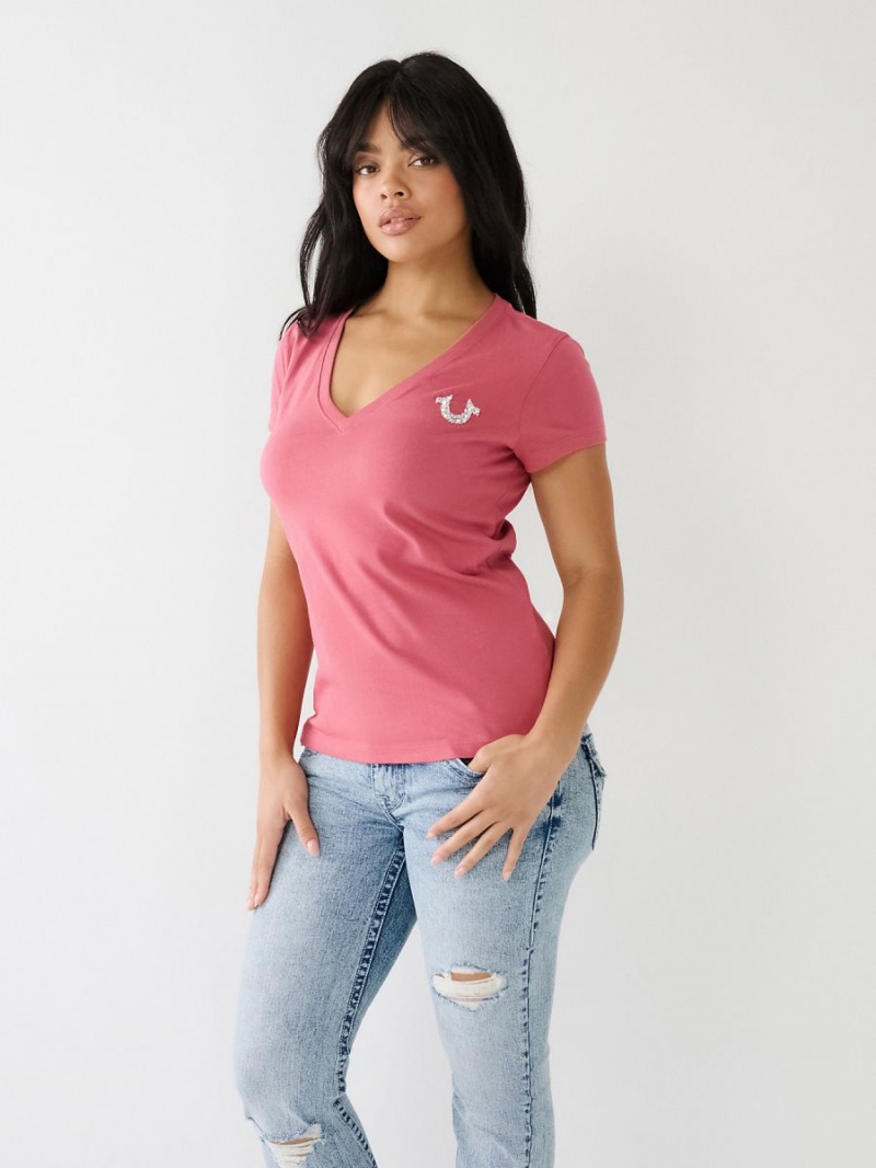 Mauvewood True Religion Crystal V Neck Logo T Shirts | 0598-WBFOX