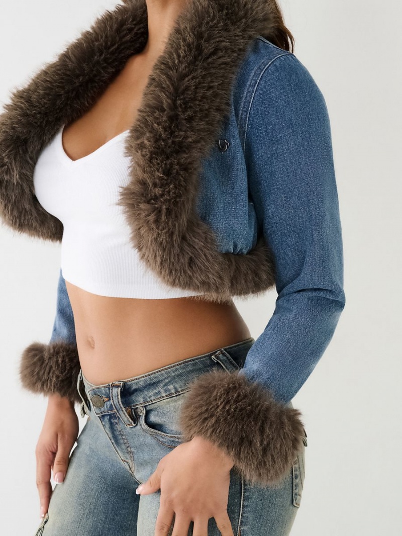 Medium Wash True Religion Cropped Fur Trim Denim Jacket | 8061-JIRQC