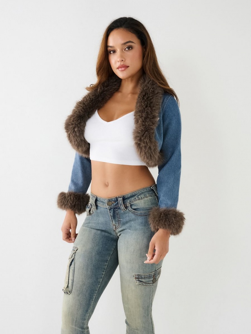 Medium Wash True Religion Cropped Fur Trim Denim Jacket | 8061-JIRQC