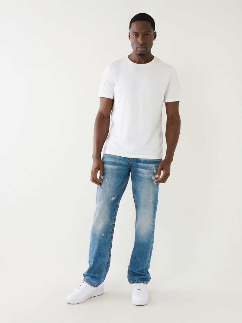 Medium Wash With Rips True Religion Ricky Beach Splatter Distressed Straight Jeans | 4721-TQXSV