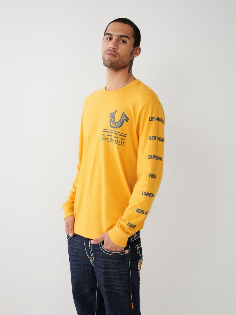 Mineral Yellow True Religion Long Sleeve Logo Tour T Shirts | 9164-FVEKW