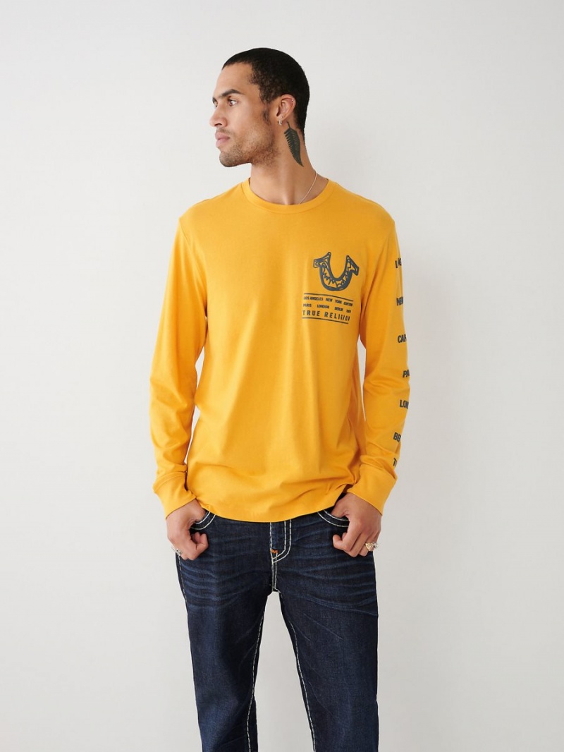 Mineral Yellow True Religion Long Sleeve Logo Tour T Shirts | 9164-FVEKW