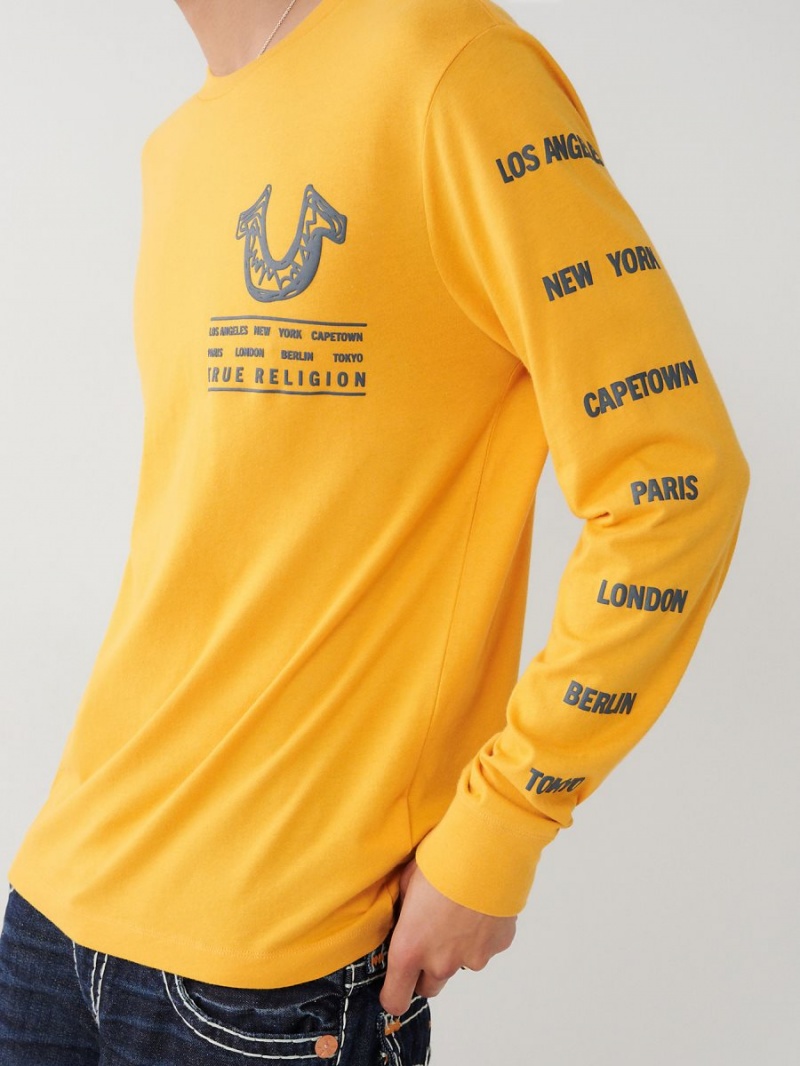 Mineral Yellow True Religion Long Sleeve Logo Tour T Shirts | 9164-FVEKW