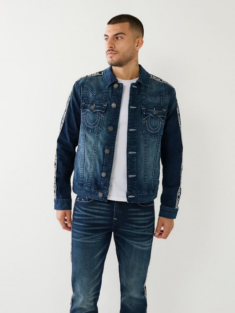 Naos Dark Wash True Religion Tape Trim Jimmy Denim Jacket | 1938-NQHUE