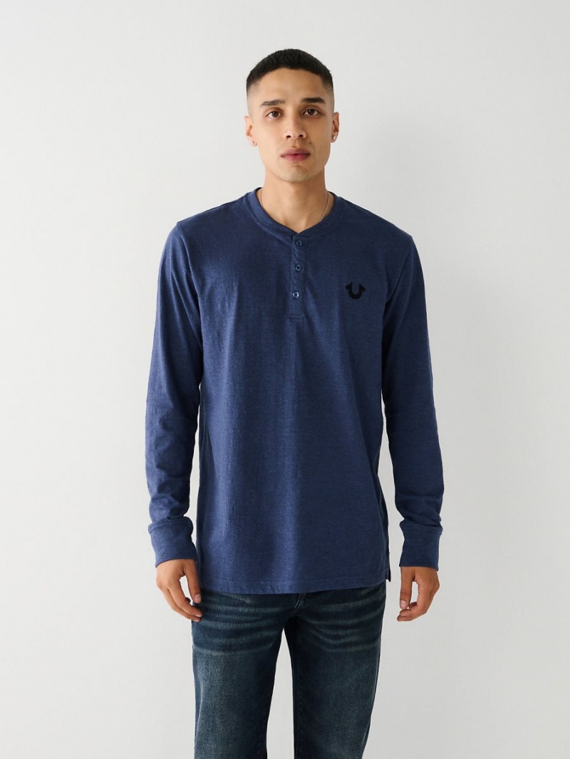 Navy/Heather Grey True Religion Logo Henley Shirts | 3502-XJAVZ