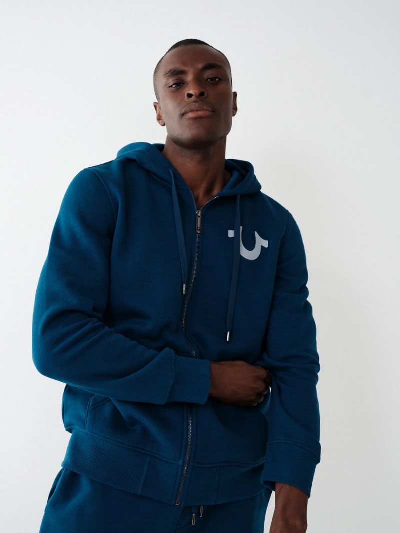 Navy/Navy True Religion Logo Zip Hoodie | 4563-VCNOU