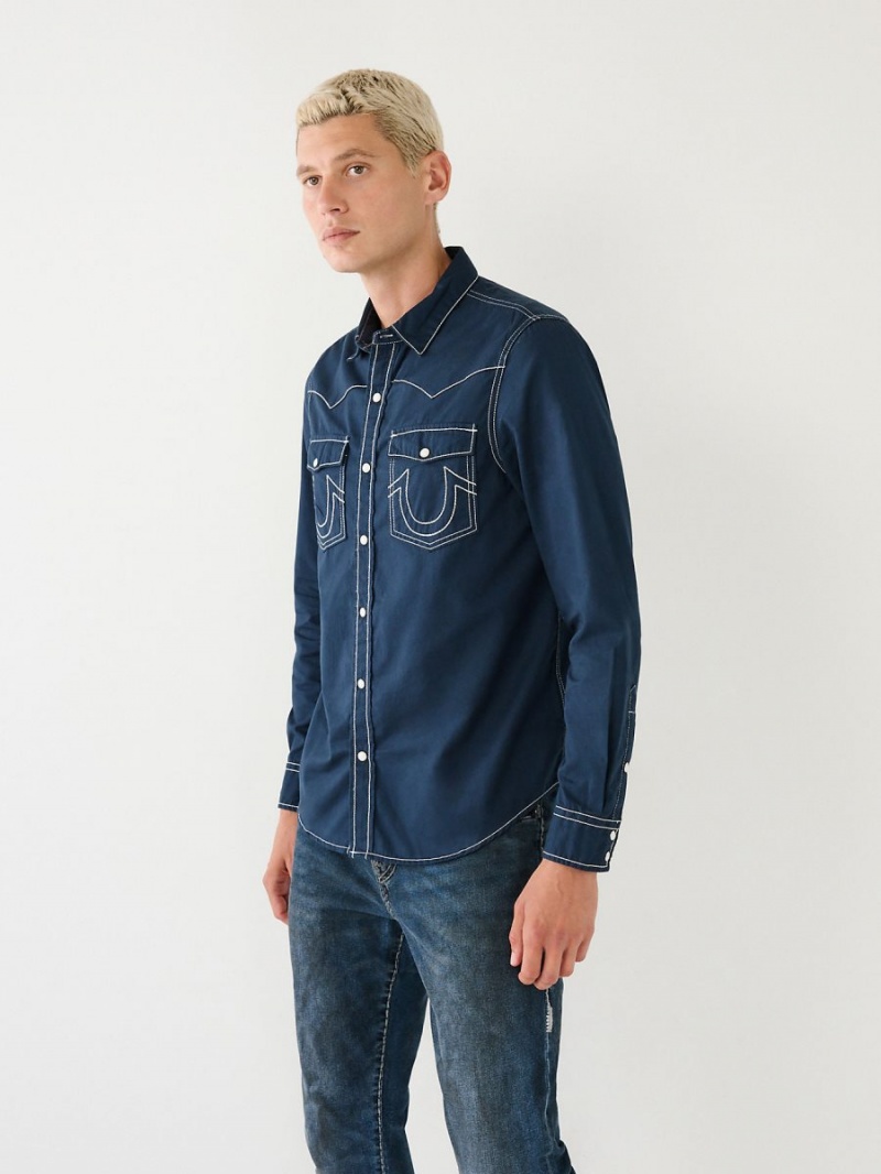 Navy/Sapphire True Religion Big T Western Shirts | 3074-IEWZX