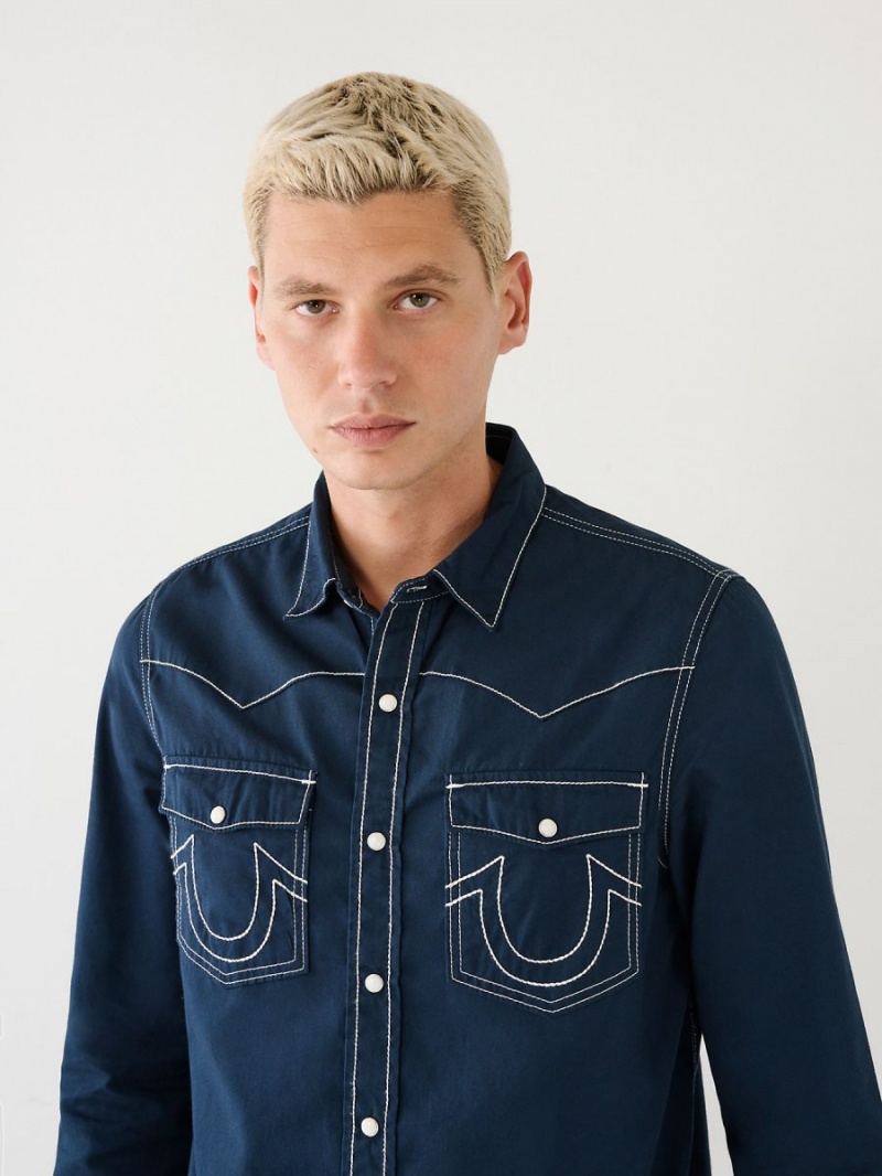 Navy/Sapphire True Religion Big T Western Shirts | 3074-IEWZX