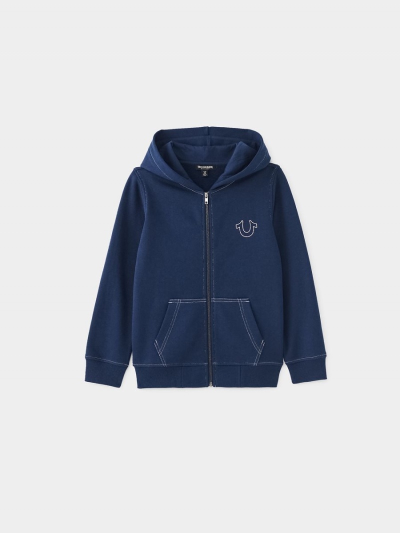 Navy/Sapphire True Religion Boys Stitch Logo Zip Hoodie | 8927-BOLCJ