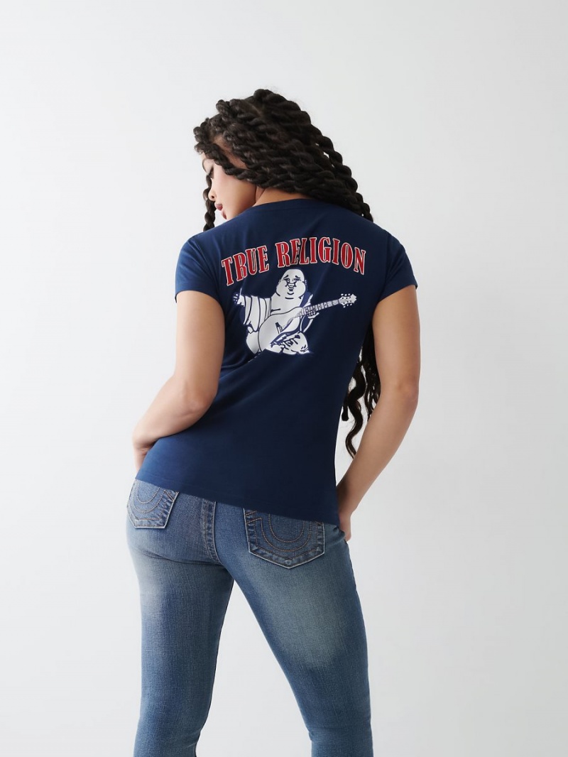 Navy/Sapphire True Religion Buddha Logo V T Shirts | 7805-CKVDX