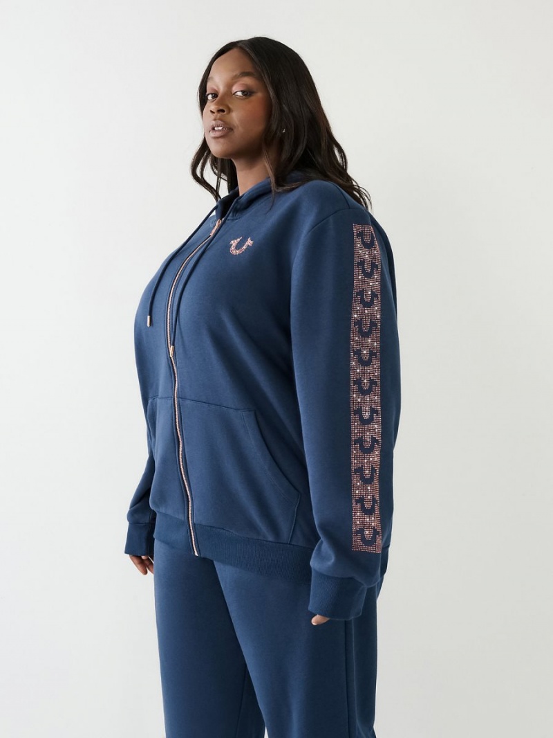 Navy/Sapphire True Religion Crystal Horseshoe Boyfriend Zip Hoodie | 2875-VEYNT