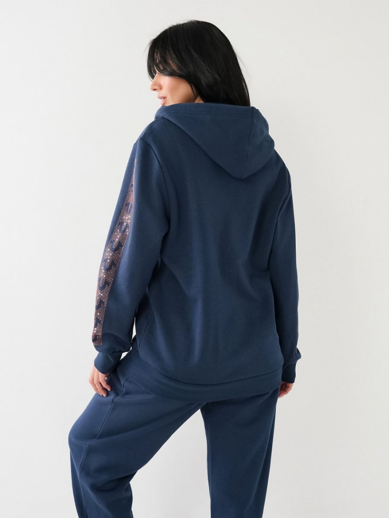 Navy/Sapphire True Religion Crystal Horseshoe Boyfriend Zip Hoodie | 2875-VEYNT