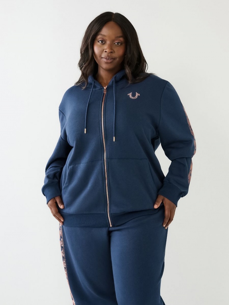 Navy/Sapphire True Religion Crystal Horseshoe Boyfriend Zip Hoodie | 2875-VEYNT