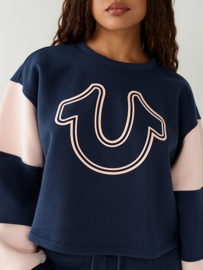 Navy/Sapphire True Religion Logo Crop Sweatshirt | 9426-VBMQZ