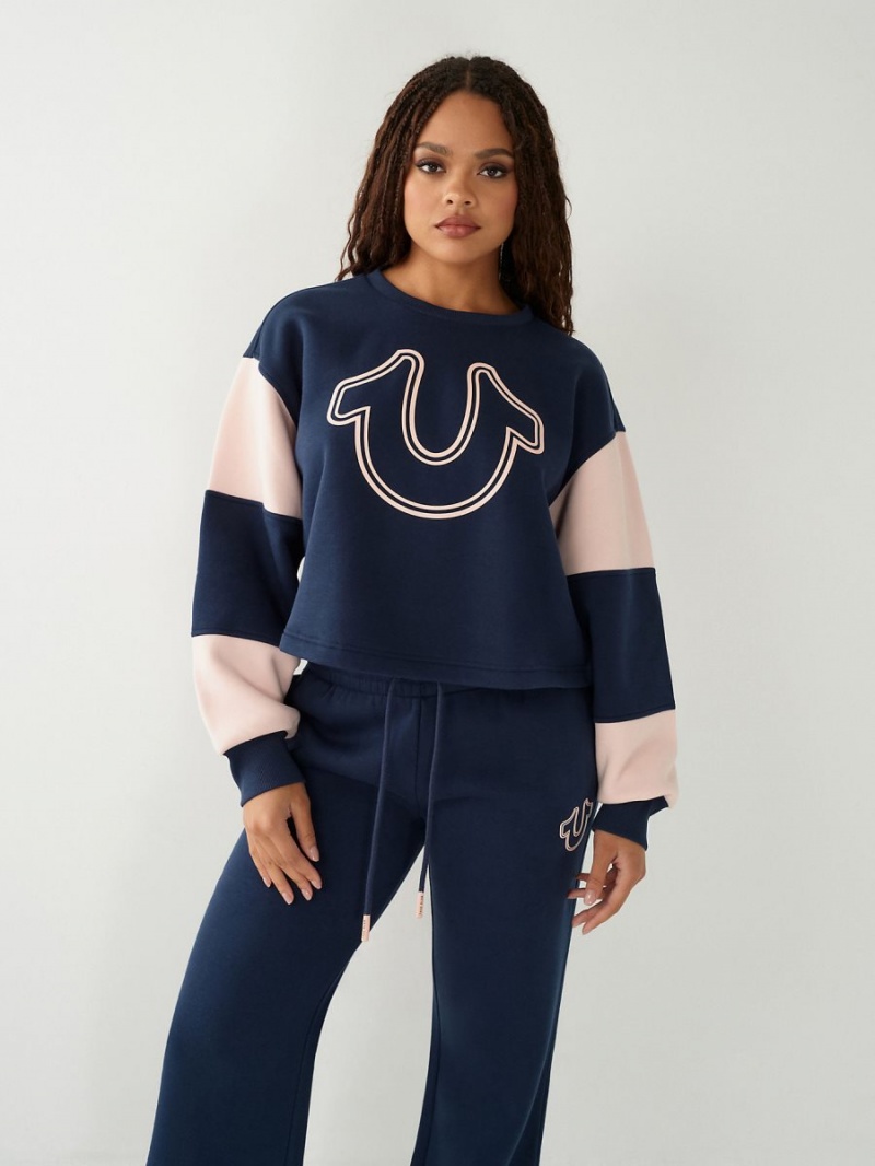 Navy/Sapphire True Religion Logo Crop Sweatshirt | 9426-VBMQZ