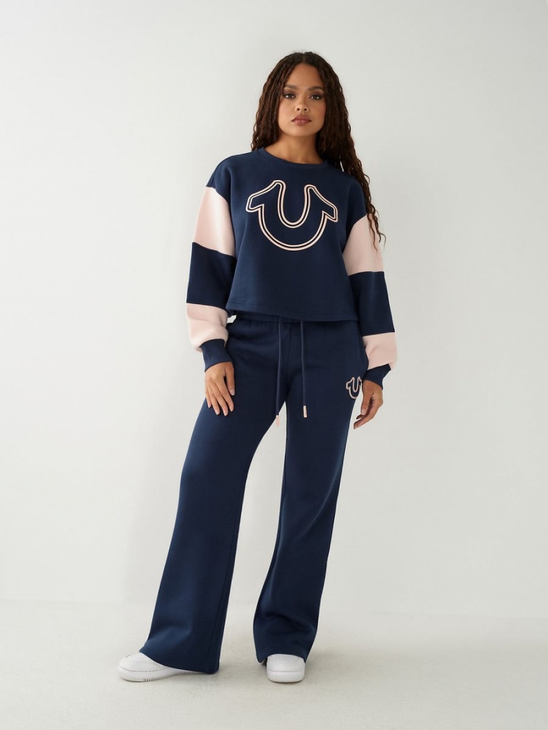 Navy/Sapphire True Religion Logo Crop Sweatshirt | 9426-VBMQZ