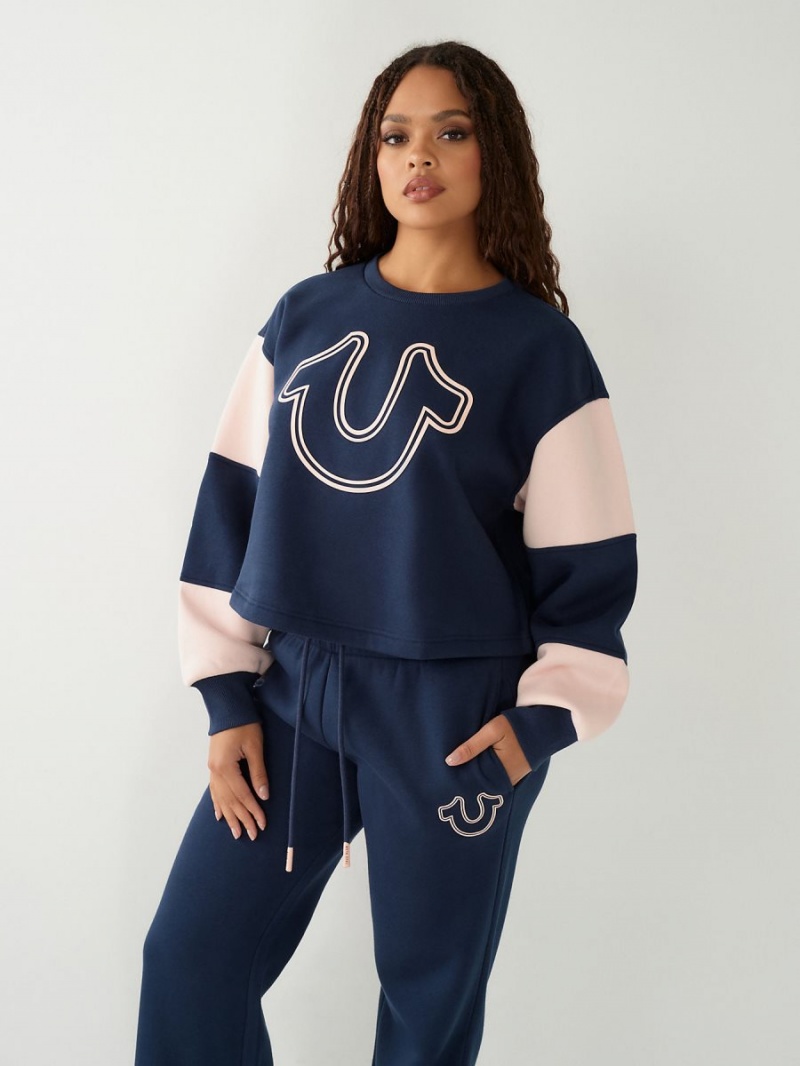 Navy/Sapphire True Religion Logo Crop Sweatshirt | 9426-VBMQZ