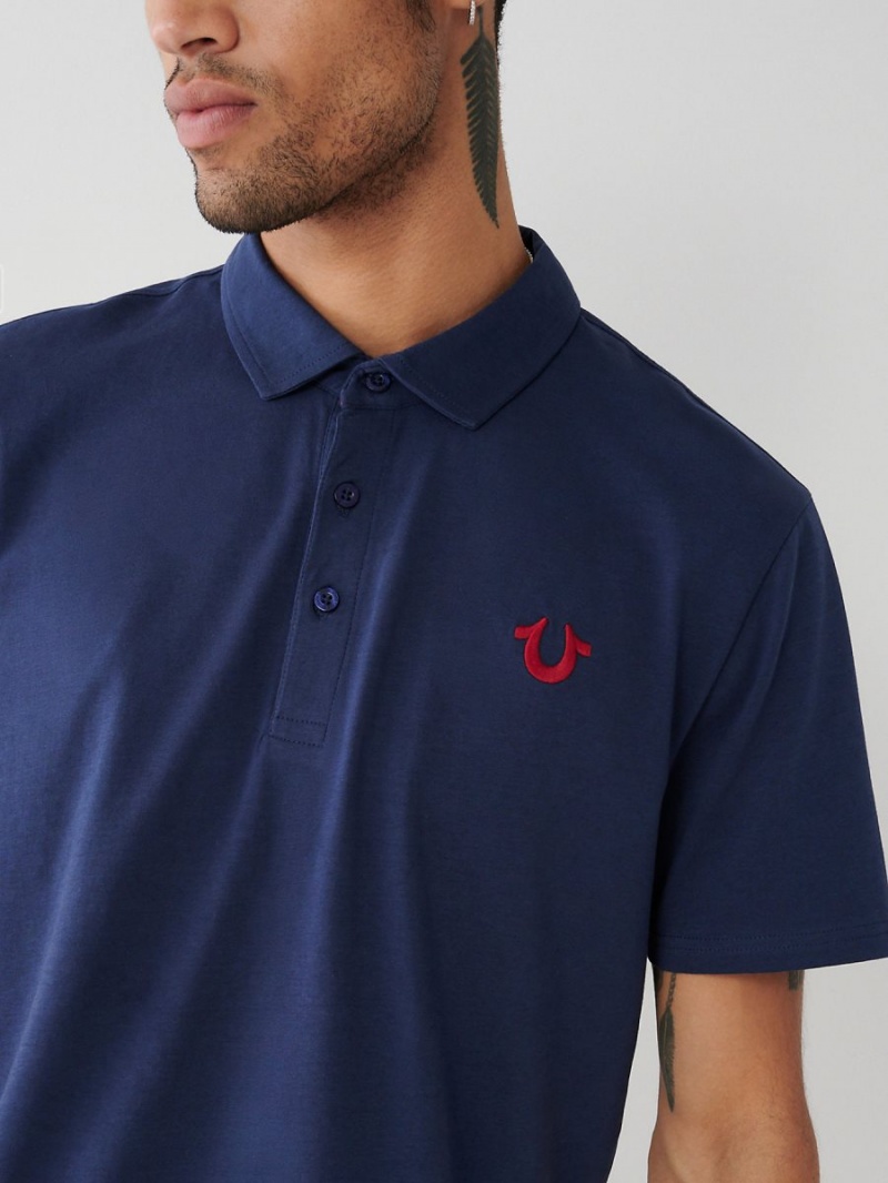 Navy/Sapphire True Religion Logo Polo Shirts | 2083-OYGSN