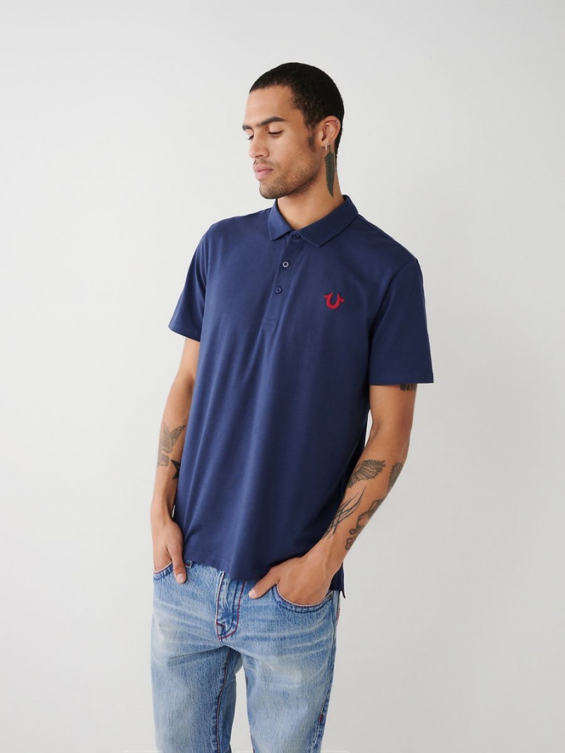 Navy/Sapphire True Religion Logo Polo Shirts | 2083-OYGSN