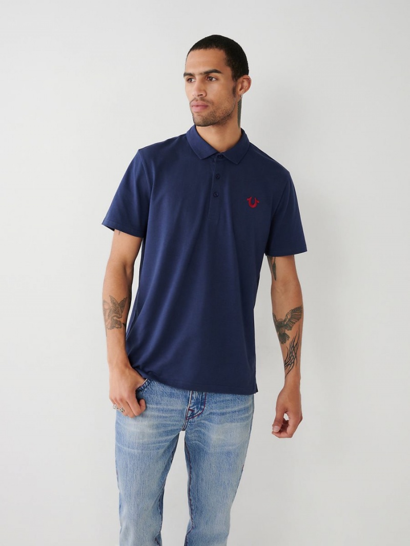 Navy/Sapphire True Religion Logo Polo Shirts | 2083-OYGSN