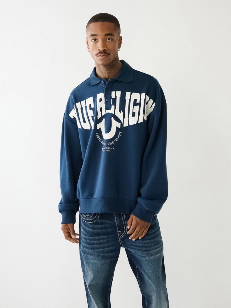 Navy/Sapphire True Religion Logo Rugby Sweatshirt | 8123-CSKQP