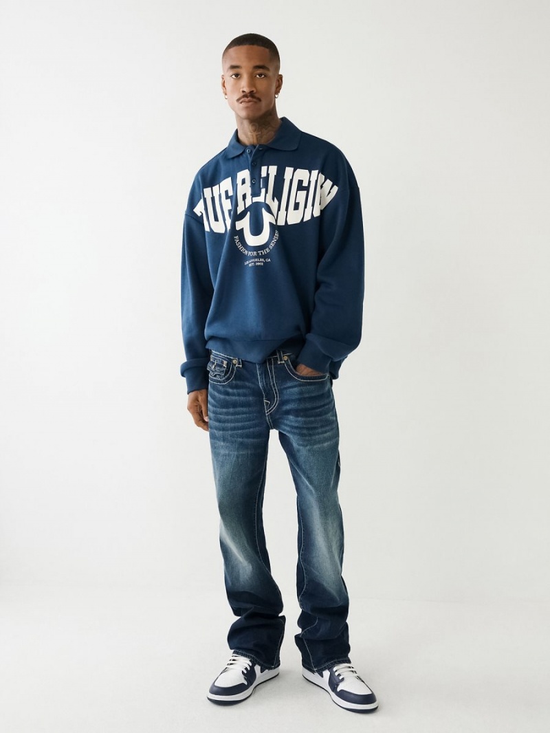 Navy/Sapphire True Religion Logo Rugby Sweatshirt | 8123-CSKQP