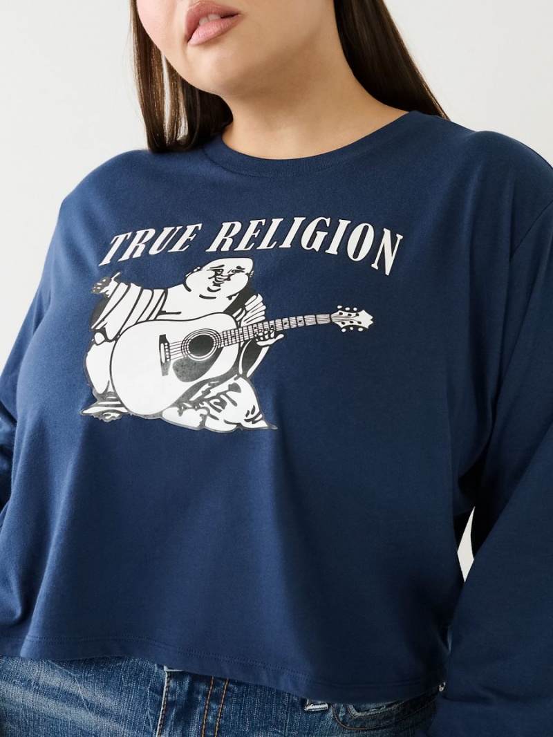 Navy/Sapphire True Religion Long Sleeve Logo Crop T Shirts | 9574-QLFMY