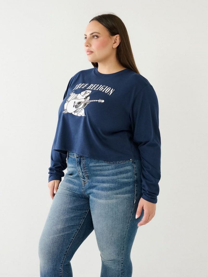 Navy/Sapphire True Religion Long Sleeve Logo Crop T Shirts | 9574-QLFMY