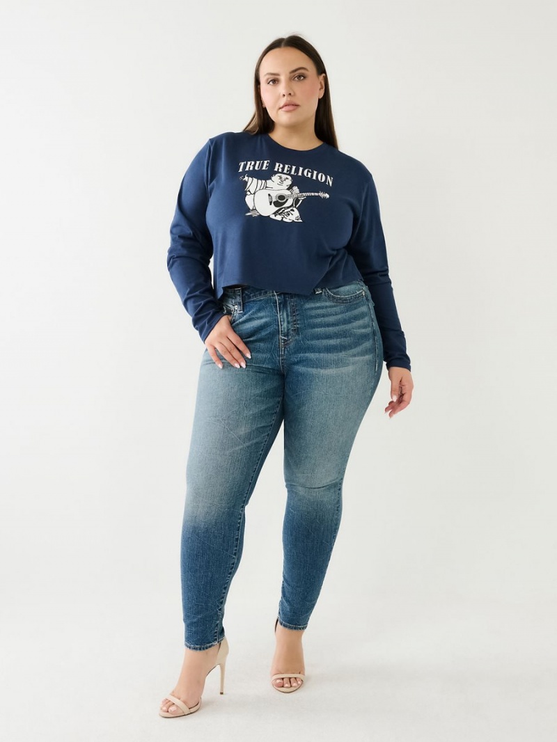 Navy/Sapphire True Religion Long Sleeve Logo Crop T Shirts | 9574-QLFMY