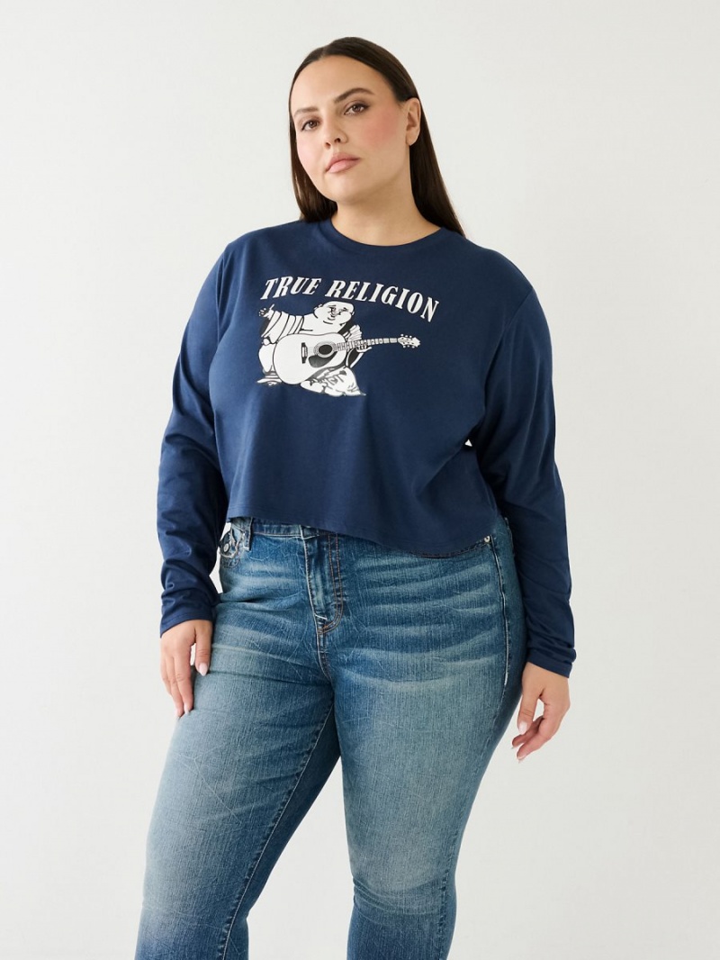 Navy/Sapphire True Religion Long Sleeve Logo Crop T Shirts | 9574-QLFMY