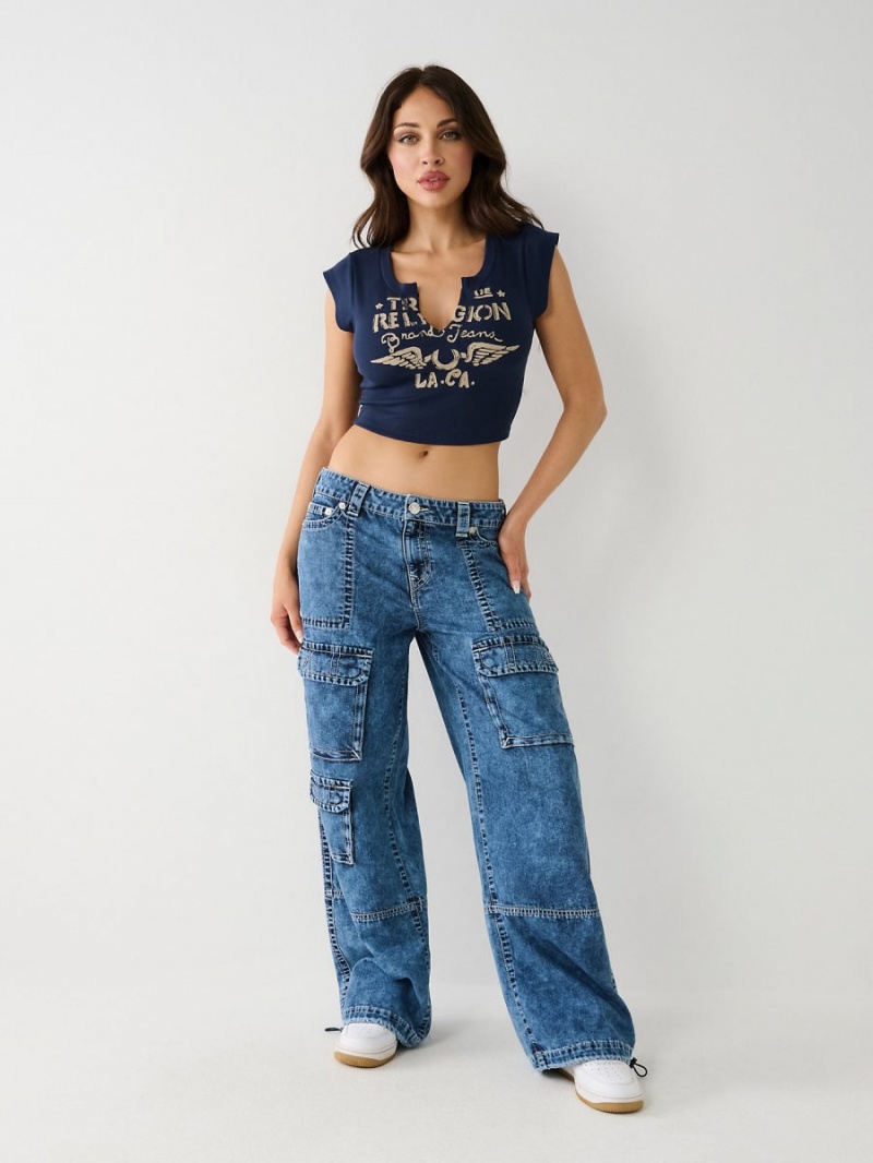 Navy/Sapphire True Religion Notch Crop T Shirts | 7530-FSMEP