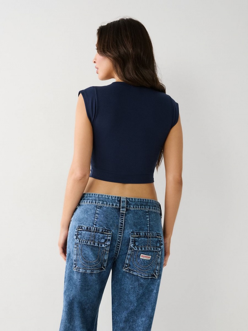 Navy/Sapphire True Religion Notch Crop T Shirts | 7530-FSMEP