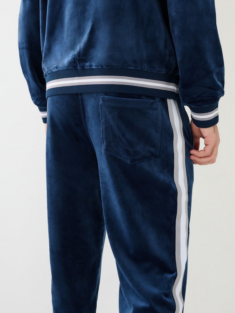 Navy/Sapphire True Religion Velour Logo Varsity Stripe Track Pants | 8612-UCVFG