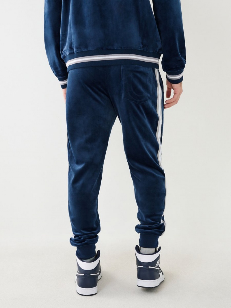 Navy/Sapphire True Religion Velour Logo Varsity Stripe Track Pants | 8612-UCVFG