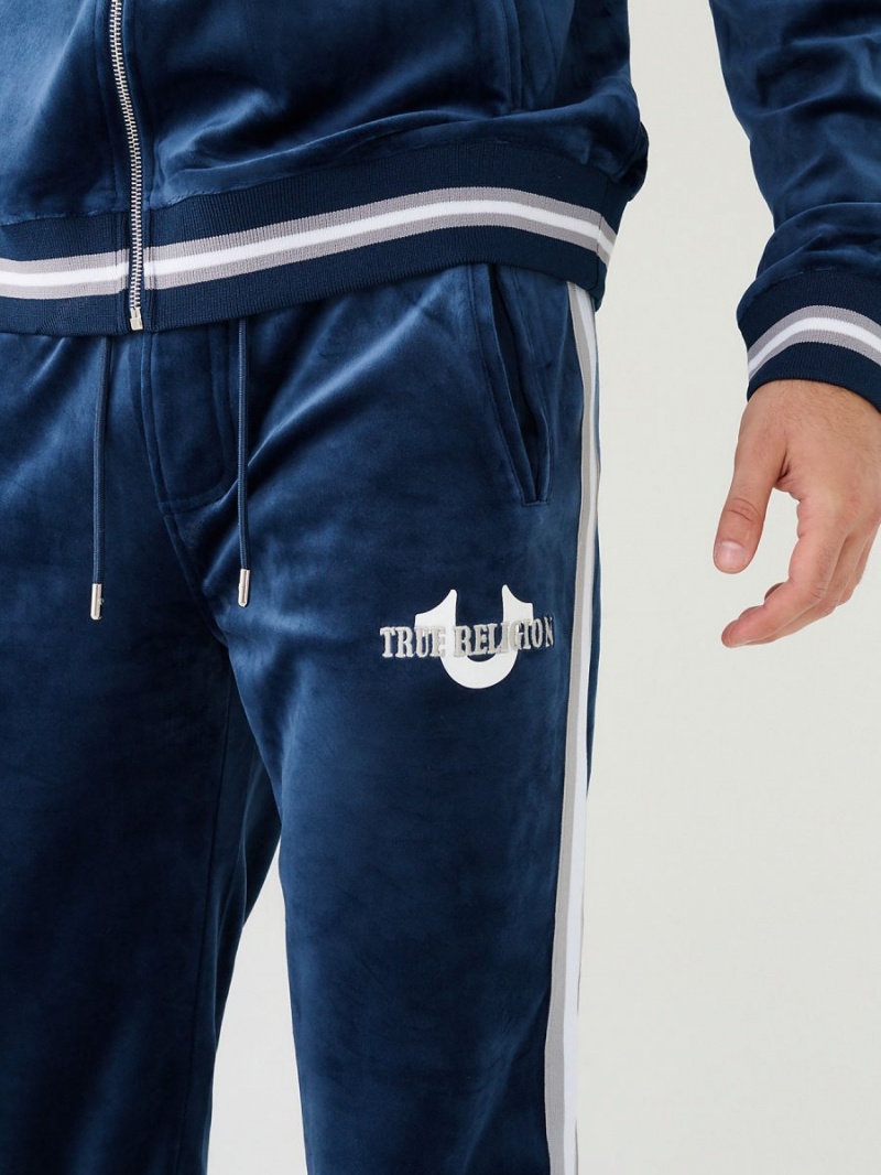 Navy/Sapphire True Religion Velour Logo Varsity Stripe Track Pants | 8612-UCVFG