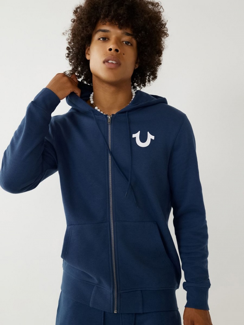 Navy True Religion Buddha Zip Hoodie | 2064-KEDJU