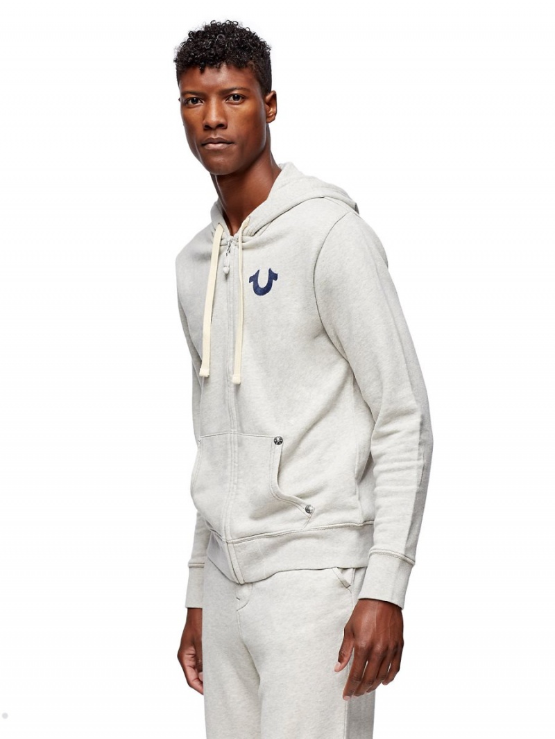 Oatmeal True Religion Buddha Zip Hoodie | 1058-ULWDI