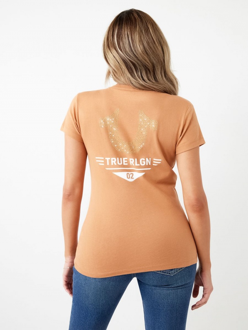 Orange Peel True Religion Crystal Horseshoe Logo V Neck T Shirts | 4720-MBQYS