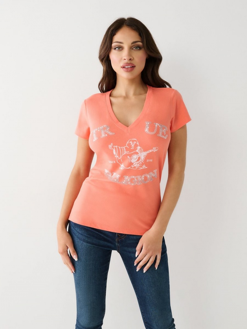 Persimmon True Religion Crystal Buddha V T Shirts | 5490-ZHTMI